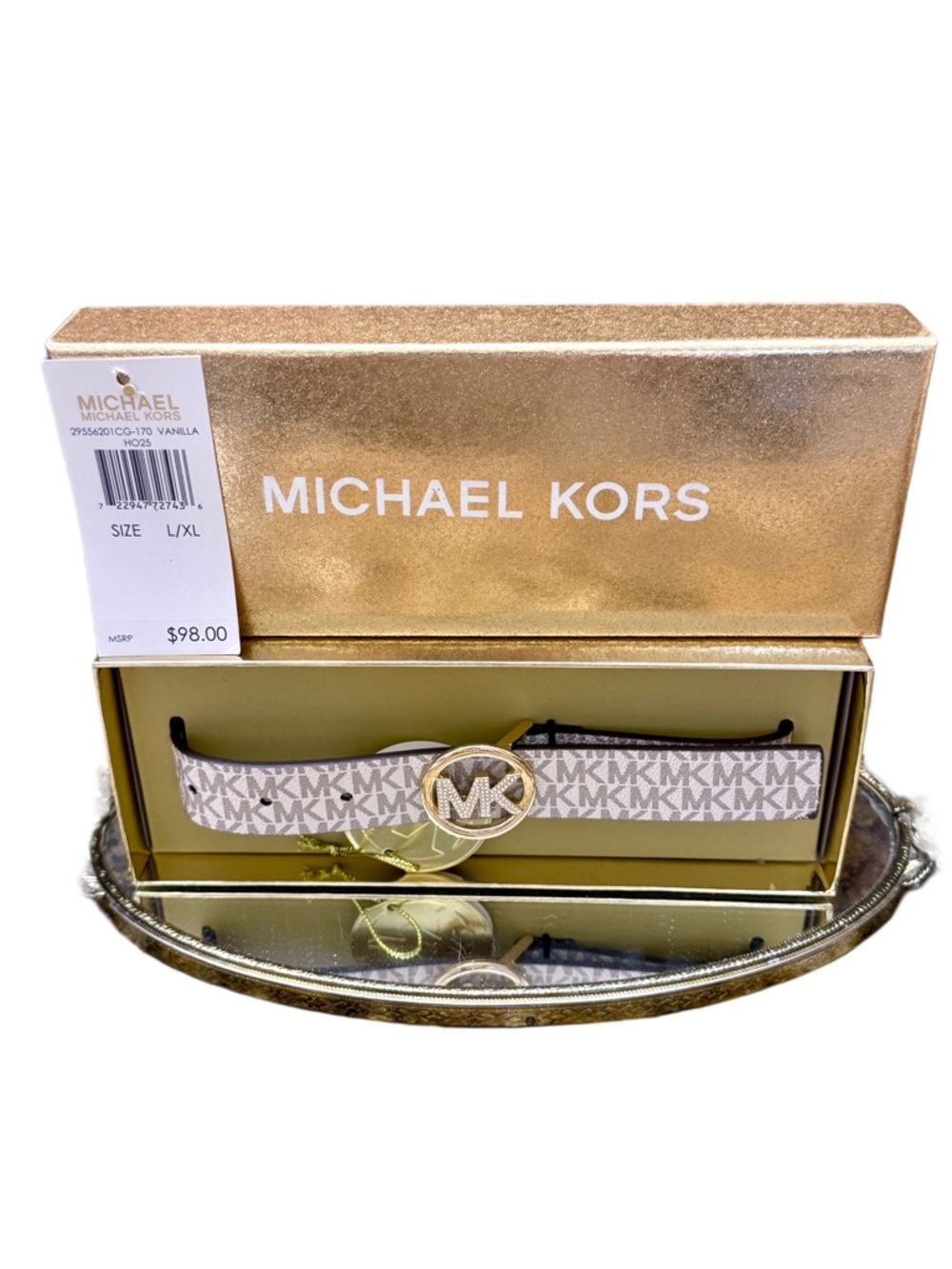 Michael Kors Vanilla Logo Belt Gold Crystal MK Buckle Rhinestone New Box L/XL